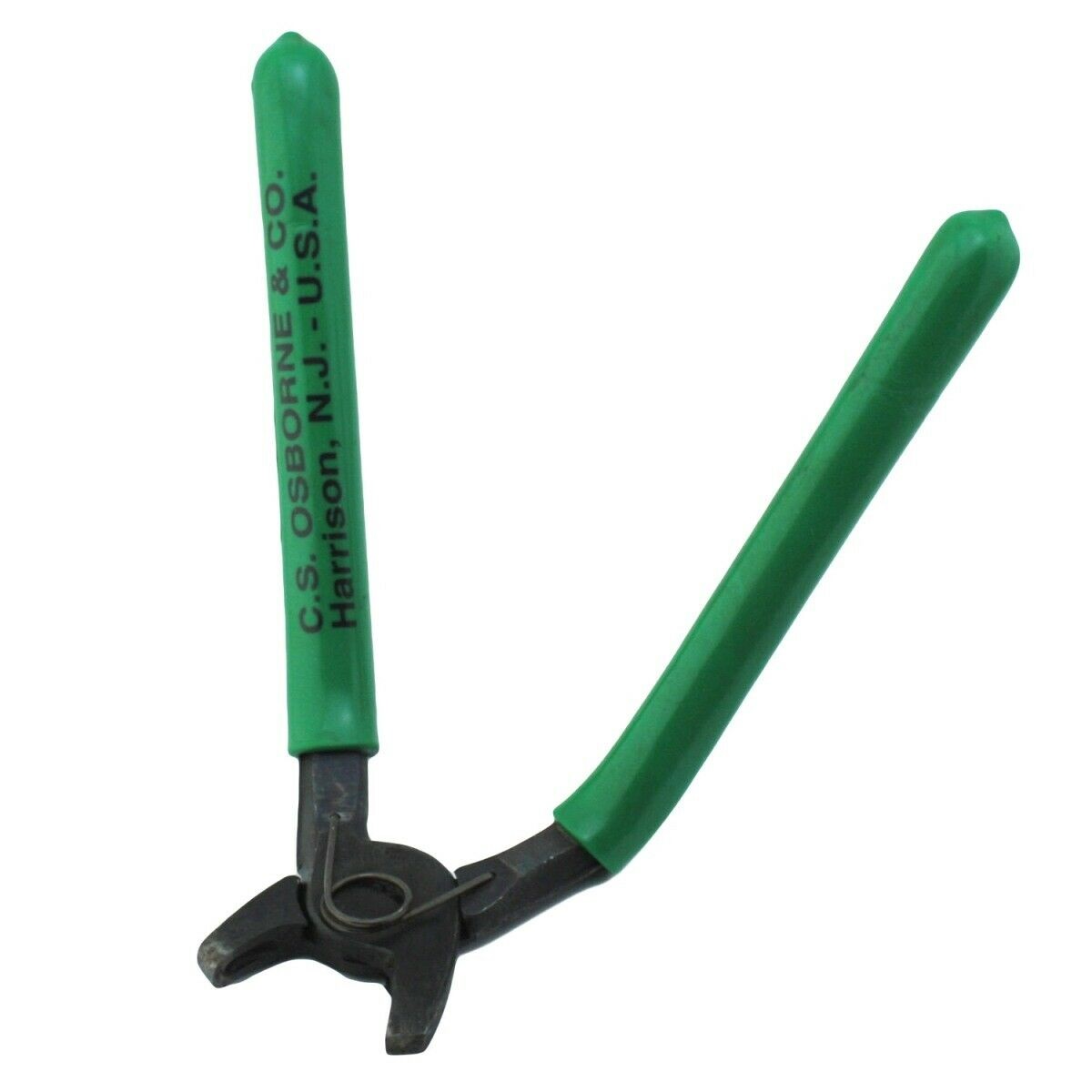 Bent hog ring pliers with closing spring for fastening rings