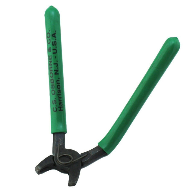 Bent hog ring pliers with closing spring for fastening rings